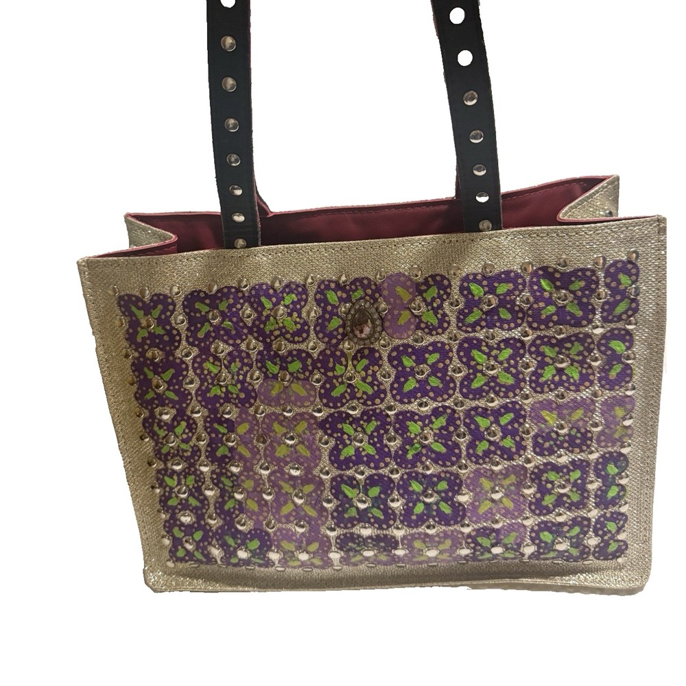 Purple/Gold Metallic Floral Tote Studded Double Handles Lined Inner Pockets